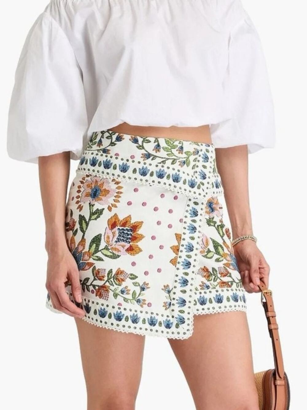 Farm Rio Summer Garden Wrap Effect Cotton Twill Floral Mini Skirt White Sz Small